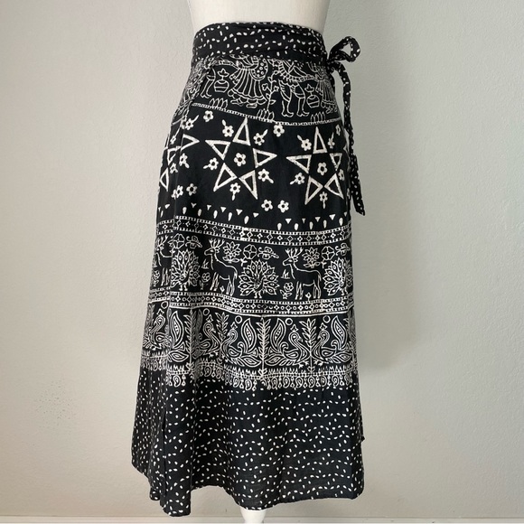 VINTAGE WOVEN COTTON PRINTED WRAP SKIRT PENTAGRAM PEACOCK PAISLEY DEER FLORAL - Picture 4 of 13